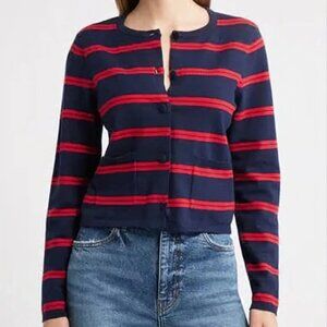 French Connection Padma Stripe Fine Knit Cardigan Hester Royal Blue Womens M